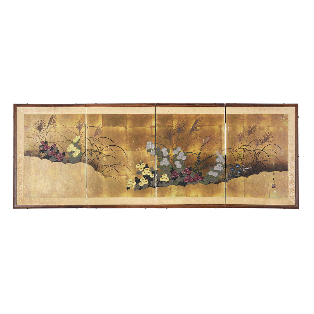 Early 20th-century Japanese byōbu screen with gold leaf background and Rinpa-style autumn grasses, chrysanthemums, bellflowers, and bush clover