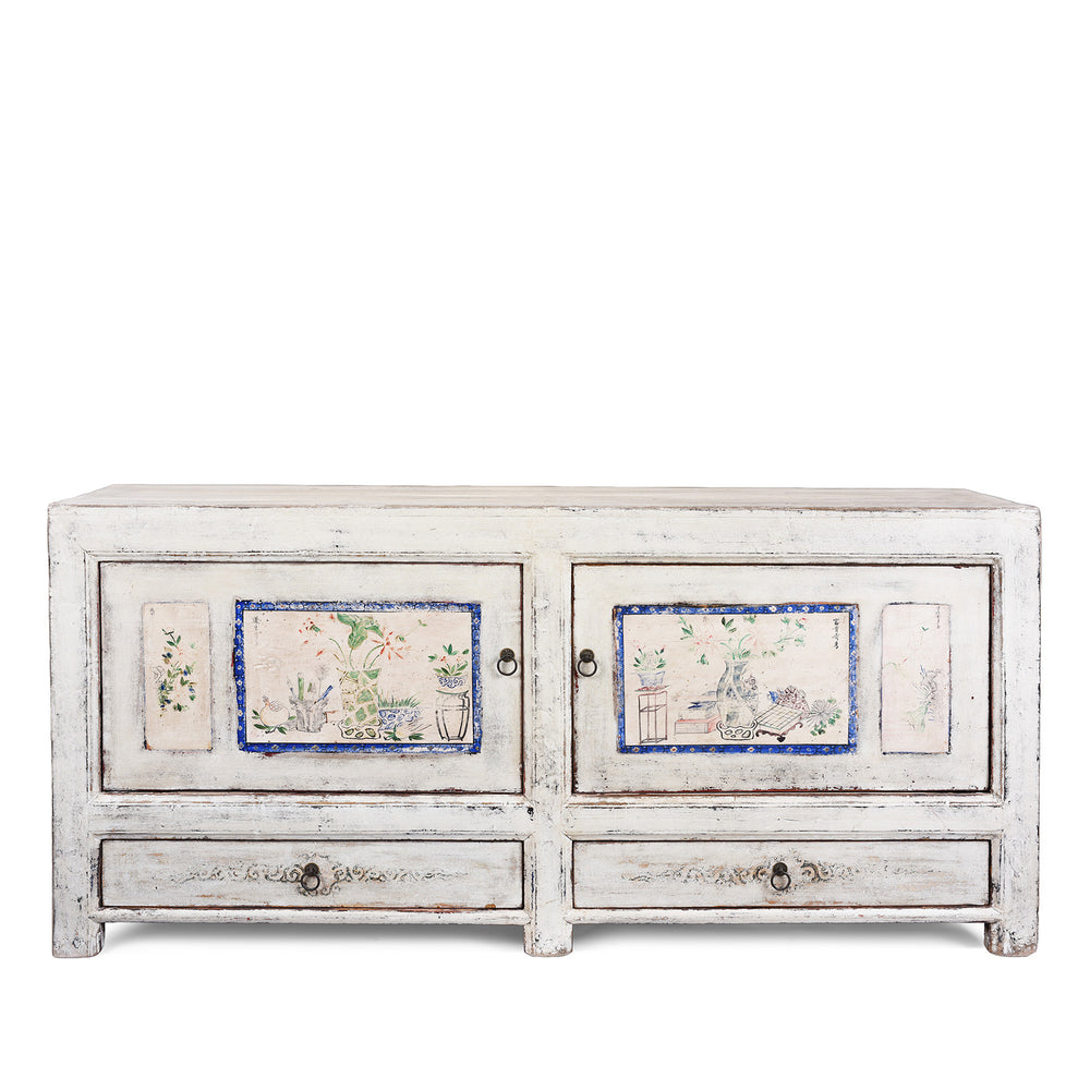 Painted Pine Mongolian Sideboard With Handpainted Floral Panels Traces Of Original Paint And Two Lower Drawers Early 20Th Century