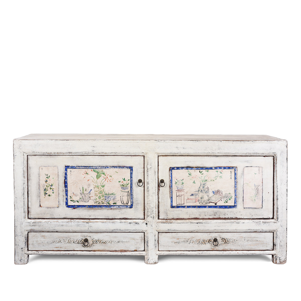 Painted Pine Mongolian Sideboard With Handpainted Floral Panels Traces Of Original Paint And Two Lower Drawers Early 20Th Century