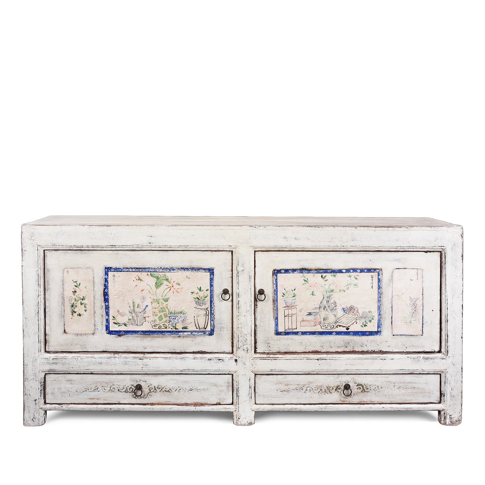 Painted Pine Mongolian Sideboard With Handpainted Floral Panels Traces Of Original Paint And Two Lower Drawers Early 20Th Century