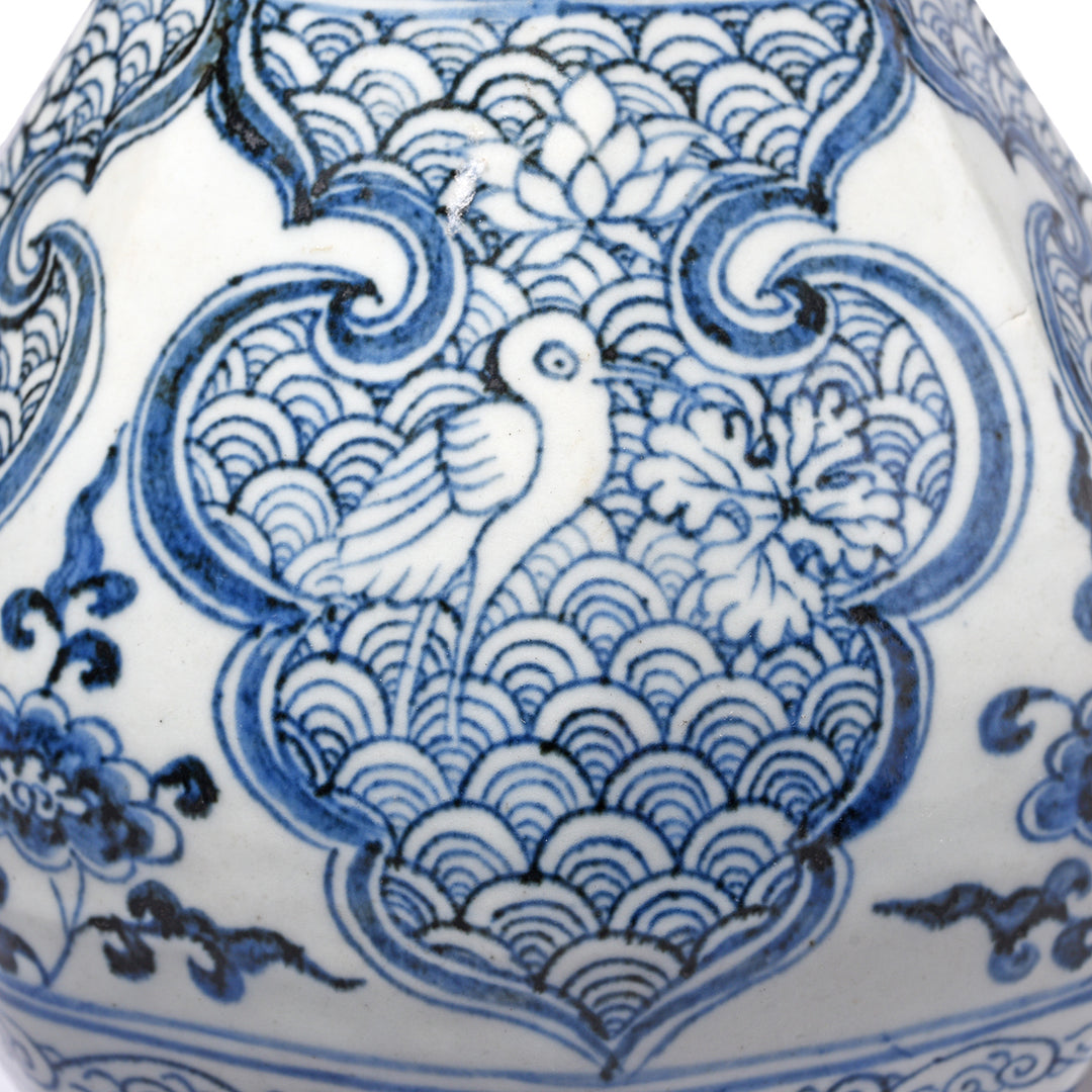 Bird Detail From Blue & White Porcelain Garlic Mouth Vase | Indigo Antiques