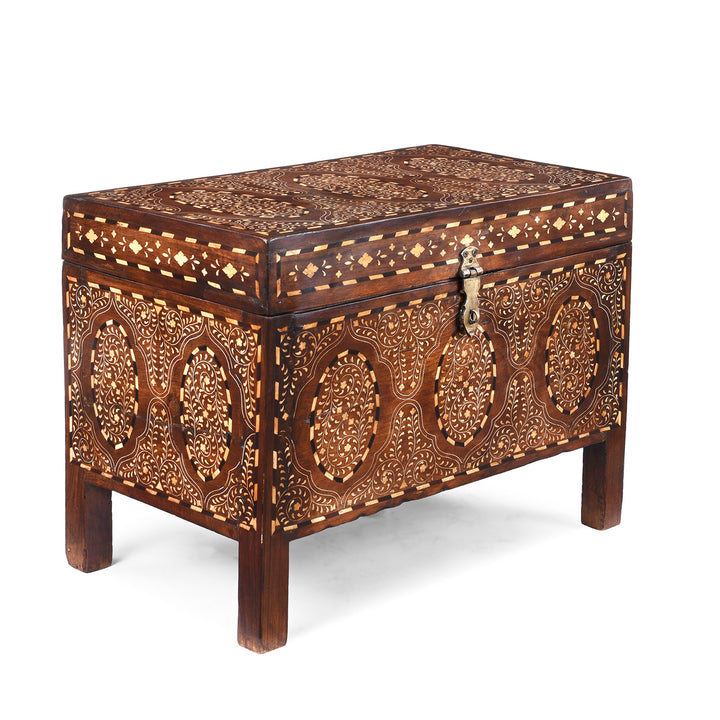 Angled View Of 19th Century Indian Teak Chest With Intricate Mughal-Style Bone Inlay, Vintage Decorative Storage Furniture