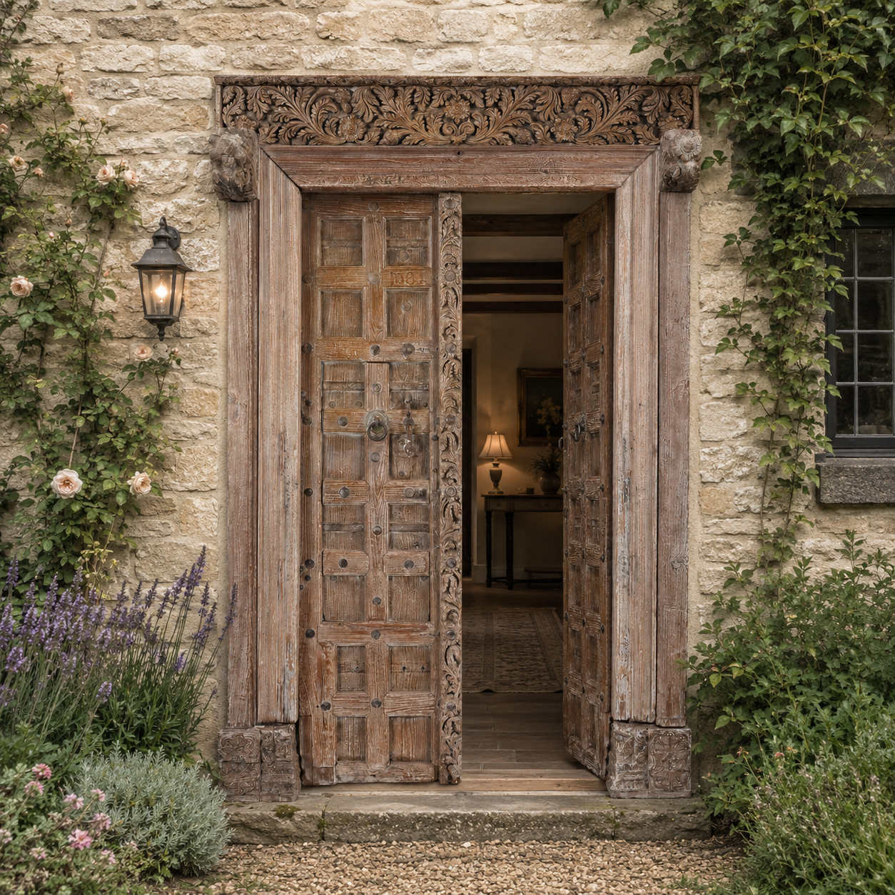 Antique 19Th Century Kutchi Teak Door And Carved Frame With Wicket Door And Lime Washed Finish From Gujarat India