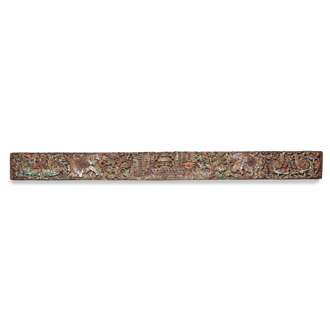 Carved Nineteenth Century Teak Lintel From Gujarat Featuring Elephants And Intricate Floral Detailing
