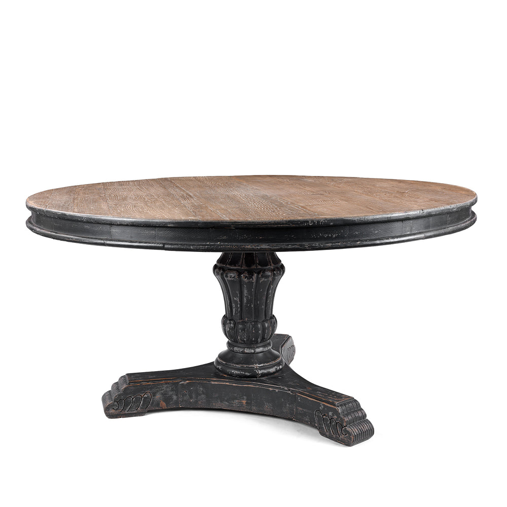 Round Pedestal Dining Table With Reclaimed Pine Top And Distressed Black Painted Base
