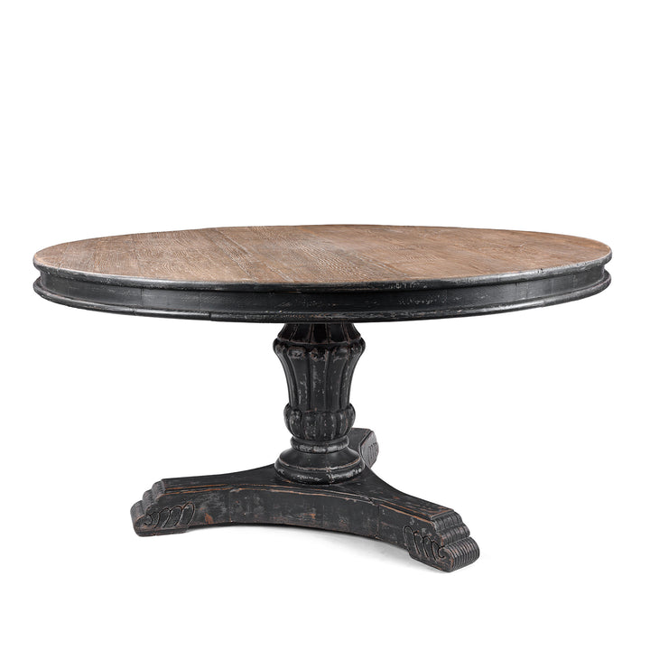 Round Pedestal Dining Table With Reclaimed Pine Top And Distressed Black Painted Base
