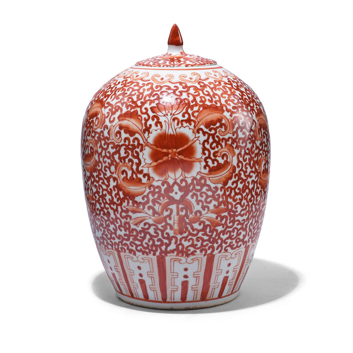 Porcelain Tall Rice Jar - Kangxi Orange Design | Indigo Antiques