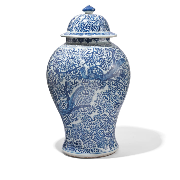 Blue & White Porcelain Temple Jar - Phoenix In Blossoms | Indigo Antiques