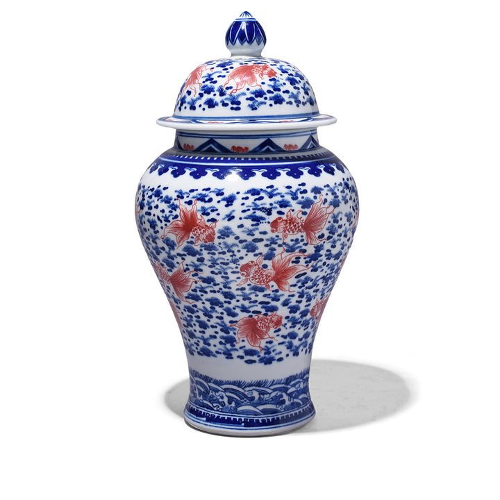 Iron Red, Blue & White Porcelain Temple Jar - Fishes | Indigo Antiques