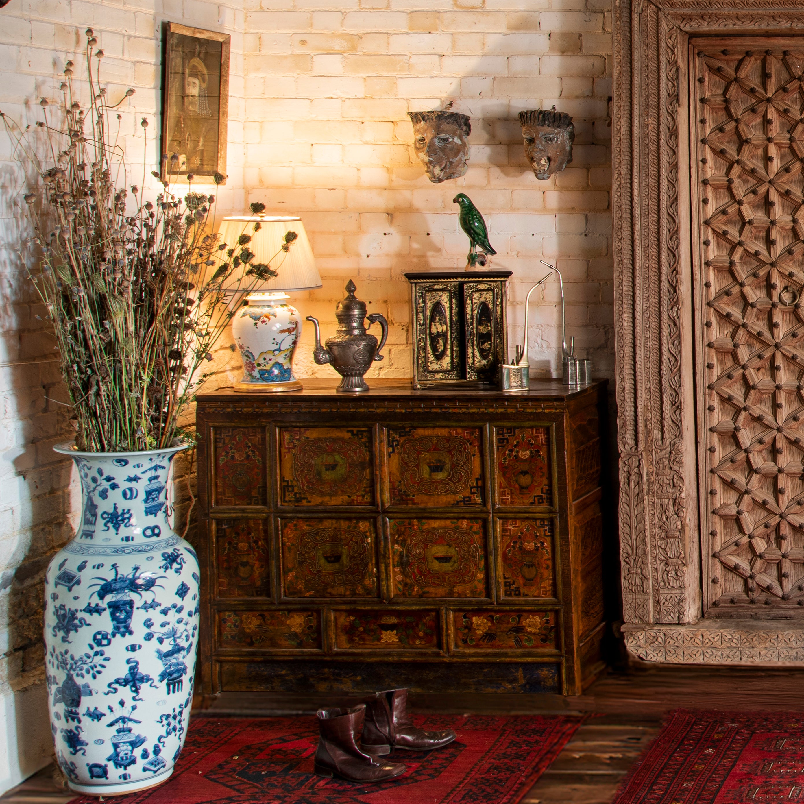 Selection of antique sideboard, cabinet, vase and accessories