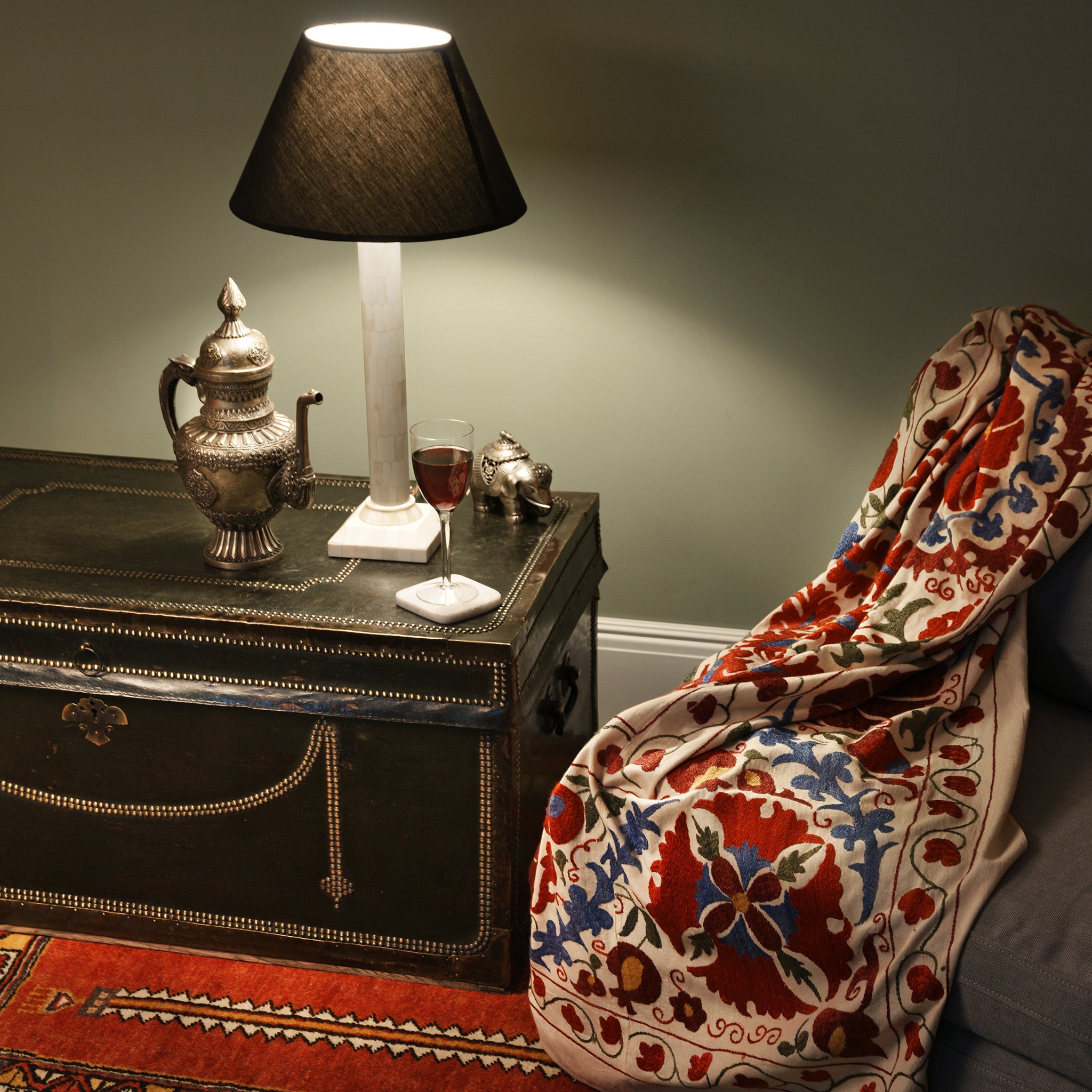 A coffee table made from an old trunk
