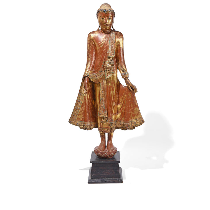 Gilded Teak Standing Mandalay Buddha From Burma With Inlaid Glass And Myrobalan Fruit