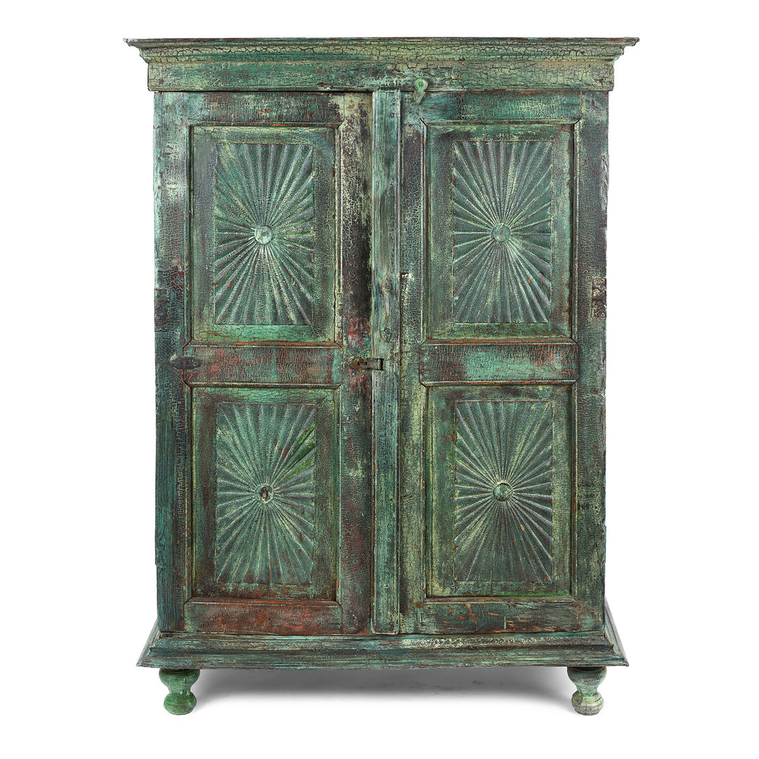 Antique Indian Painted Teak Almirah Cabinet With Sunburst Panels | Indigo Antiques