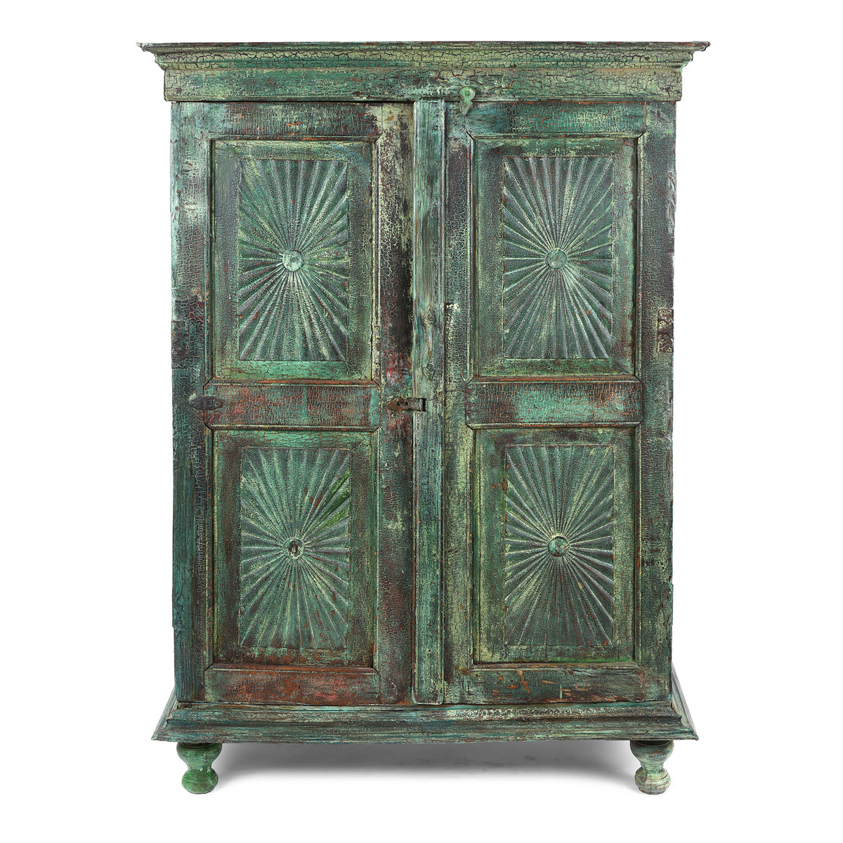 Antique Indian Painted Teak Almirah Cabinet With Sunburst Panels | Indigo Antiques