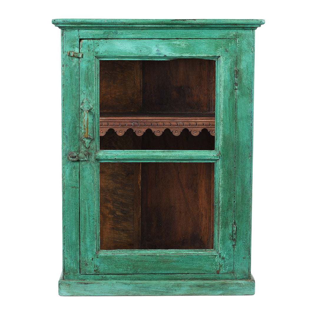 Antique Green Painted Teak Glazed Wall Cabinet - Ca 1930 | Indigo Antiques