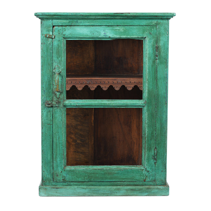Antique Green Painted Teak Glazed Wall Cabinet - Ca 1930 | Indigo Antiques