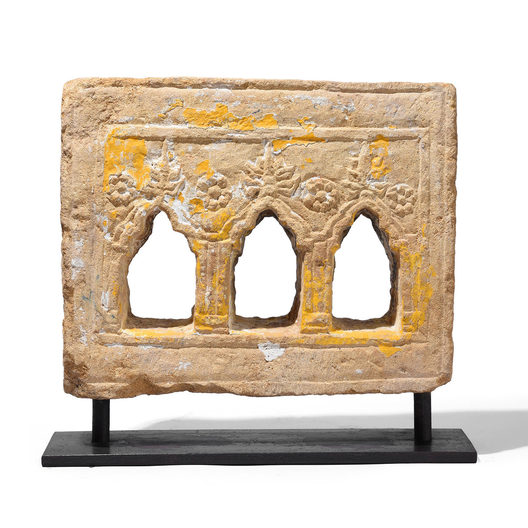 Option 1 Antique Hand-Carved Yellow Stone Lamp Niches From Jaisalmer, Mounted On Iron Stands