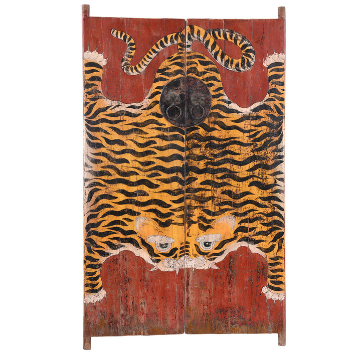 Hand Painted Reproduction Qinghai Tiger Doors With Stylised Striped Motif On Distressed Red Background