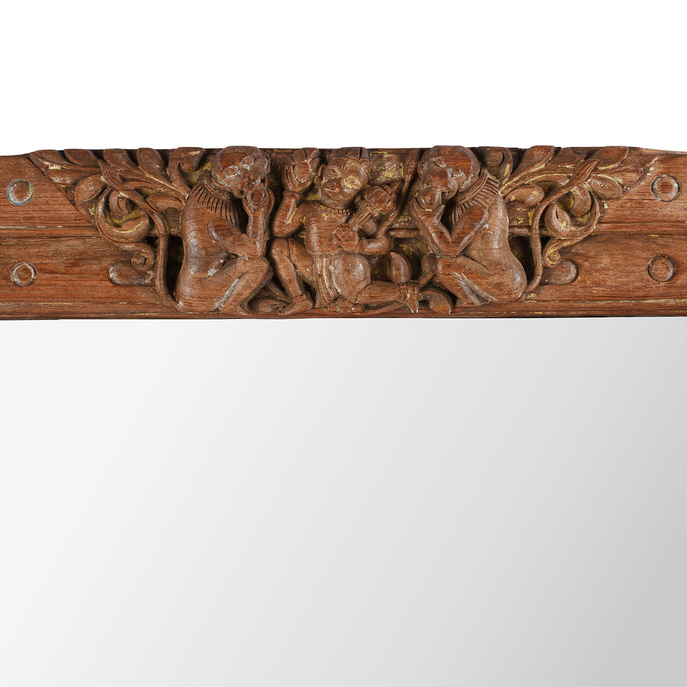 Hanuman Carving Detail From Hand-Carved Antique Teak Mirror Frame Featuring Hanuman Motif From 19th Century Andhra Pradesh