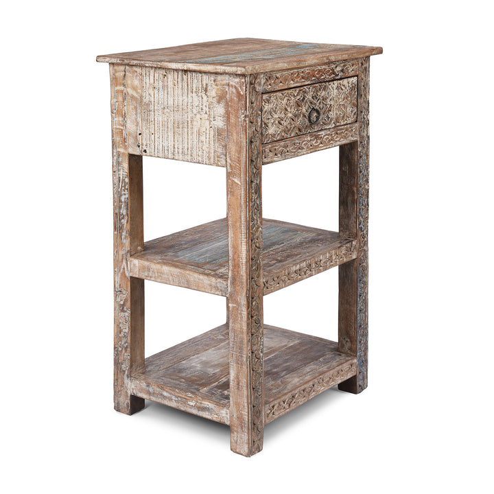 Angled View Of Reclaimed Teak Bedside Table With Painted Finish | Indigo Antiques