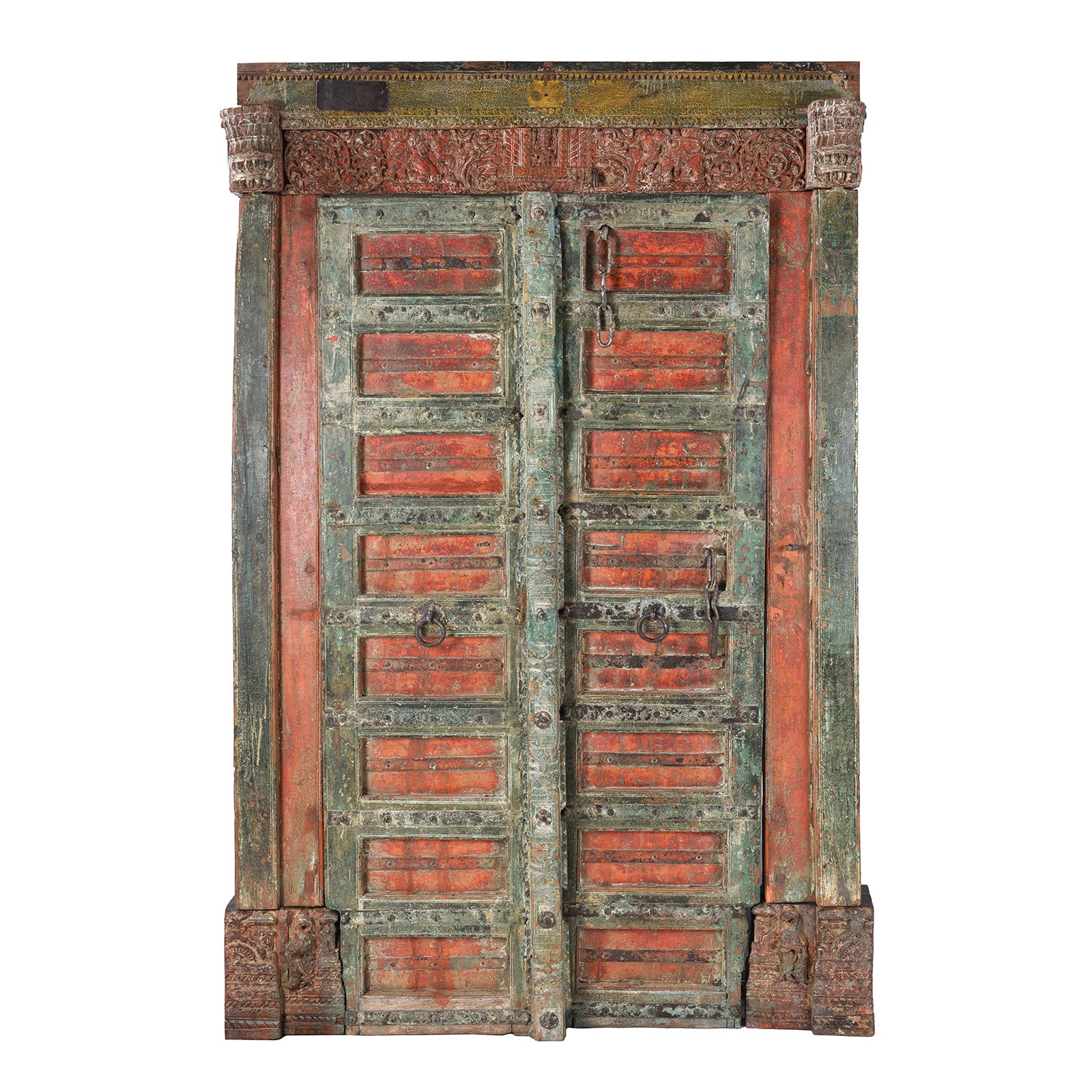 Painted Teak Indian Door With Carved Floral Frieze And Corbels From Kheba Gujarat