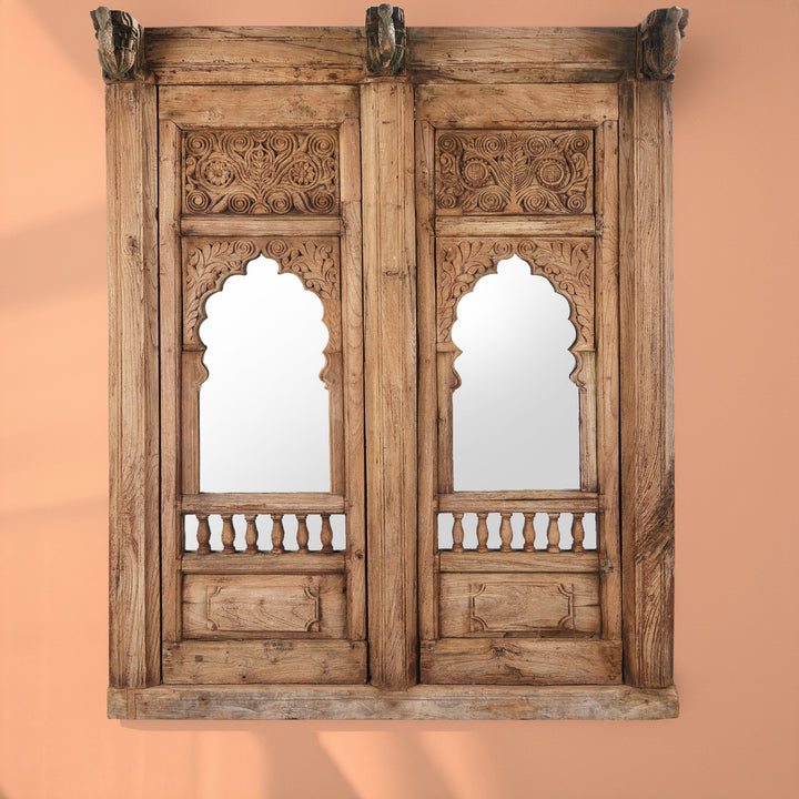 Carved Indian Mirror Made From An Old Teak Double Window - 19thC | Indigo Antiques