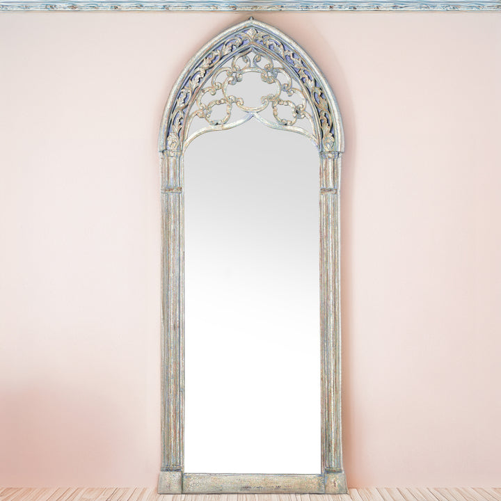 Gothic Style Full Length Floor Standing Mirror - Vintage Indian Blue | Indigo Oriental Antiques