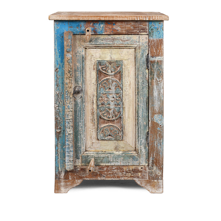 Reclaimed Teak Cabinet Made From Salvaged Painted Carved Panels, Durable Decorative Storage From India