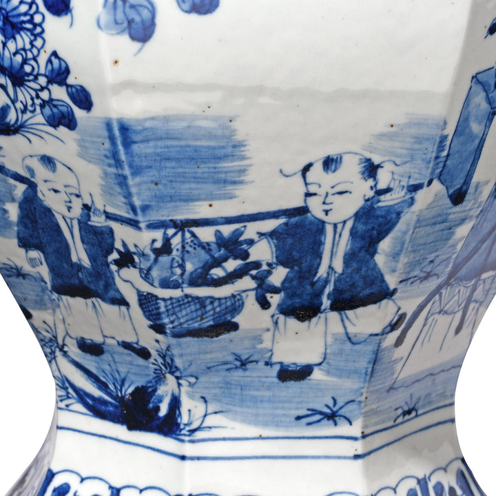 Painting detail from a Facetted Chinese Blue & White Porcelain Temple Jar - Women & Children | Indigo Antiques