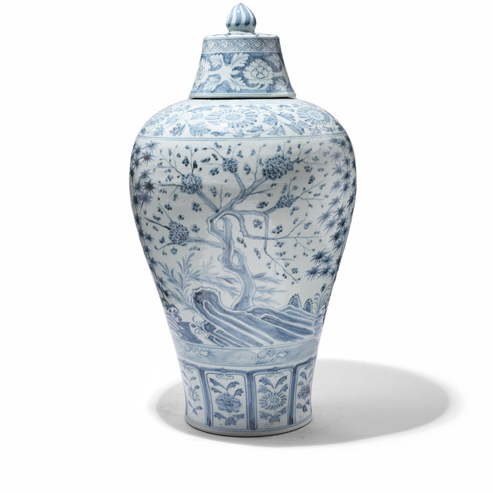 Blue & White Porcelain Temple Jar - Four Tree Design | Indigo Antiques