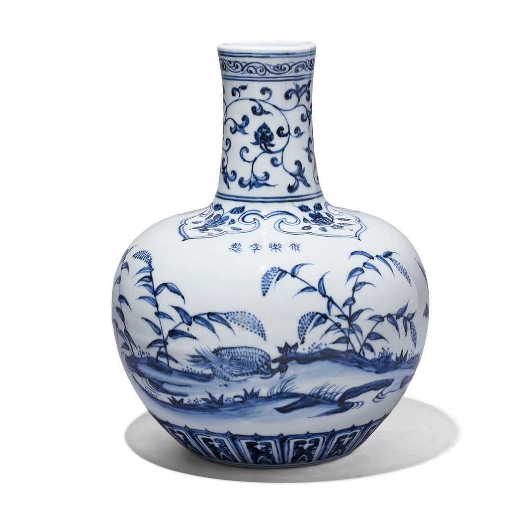Blue & White Porcelain Tianqiuping Vase - Pond Design | Indigo Antiques