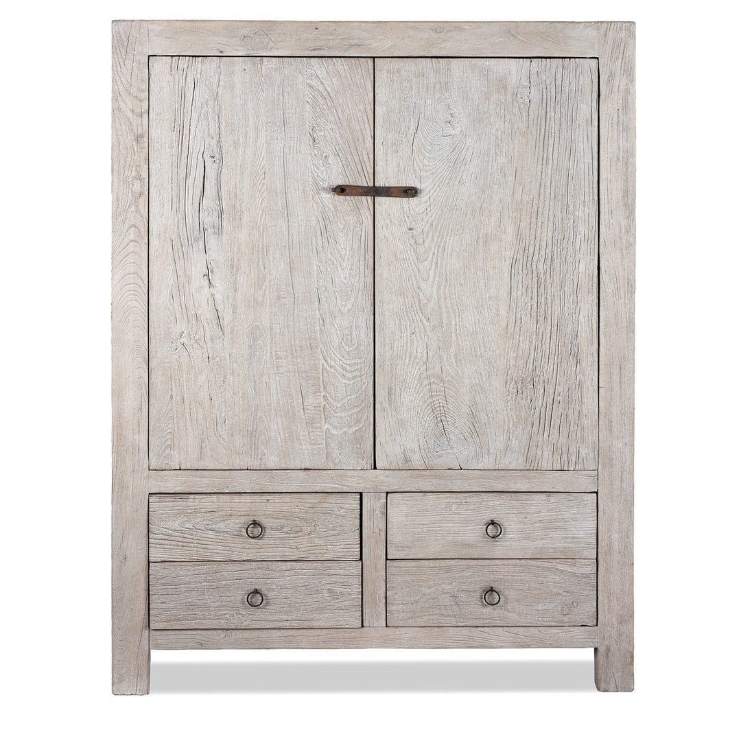 Reclaimed Chinese Elm Cabinet With Two Panelled Doors And Four Lower Drawers Crafted From Antique Door 
