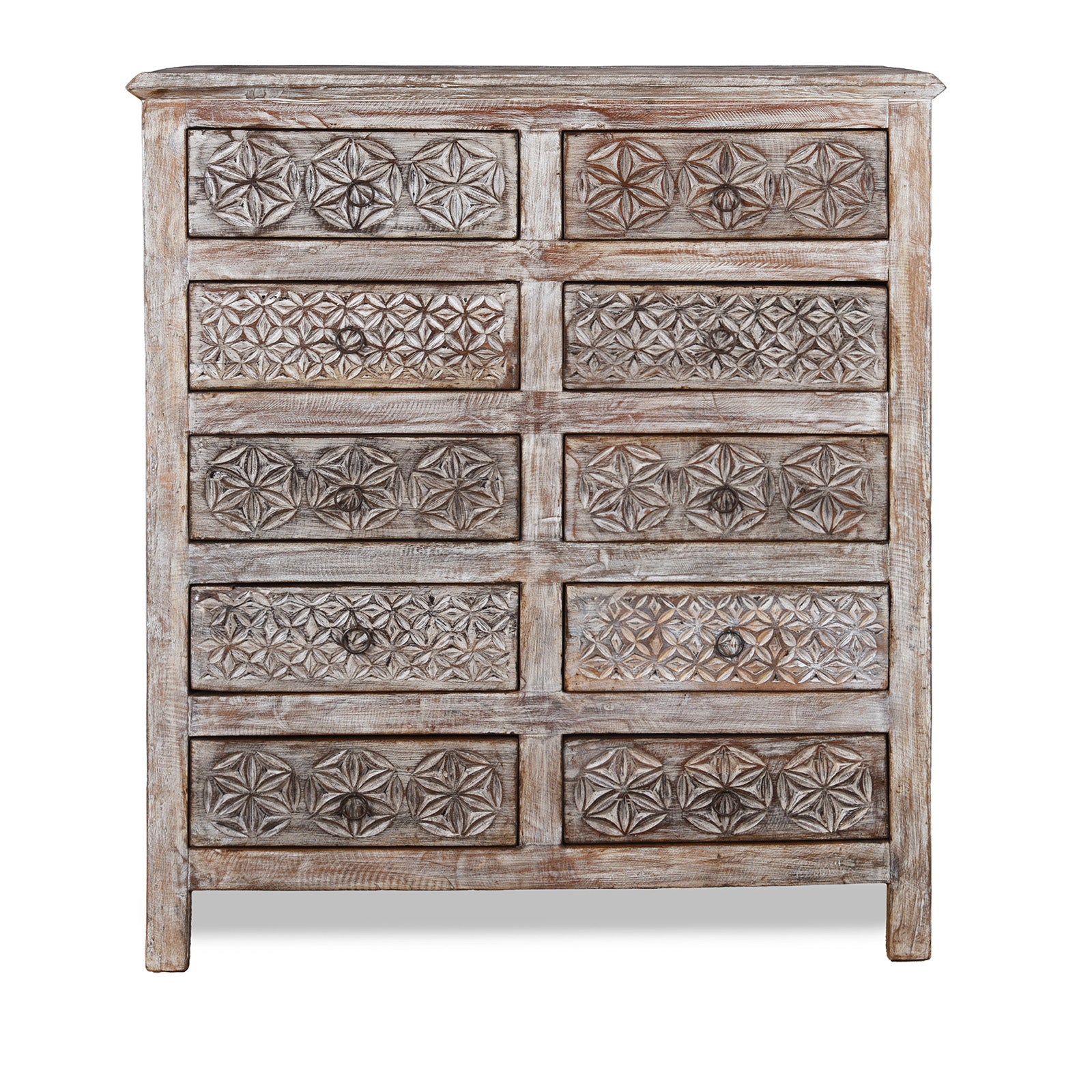 Carved Chest Of 10 Drawers Made From Reclaimed Teak | Indigo Antiques
