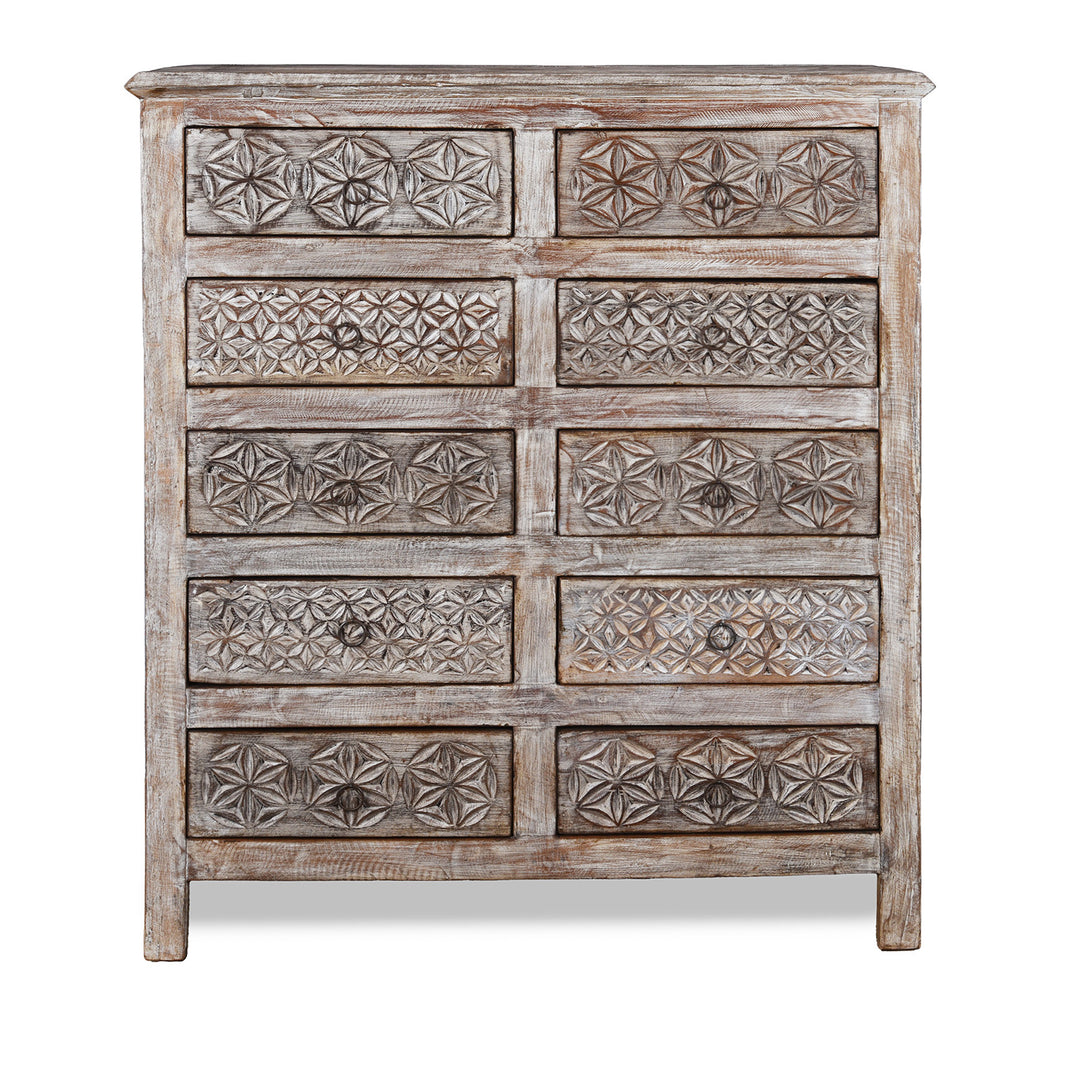 Carved Chest Of 10 Drawers Made From Reclaimed Teak | Indigo Antiques