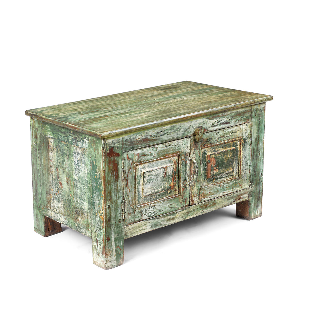 Reclaimed Teakwood Coffee Table With Antique Carved Panels, Front-Opening Storage, And Green Distressed Rustic Finish