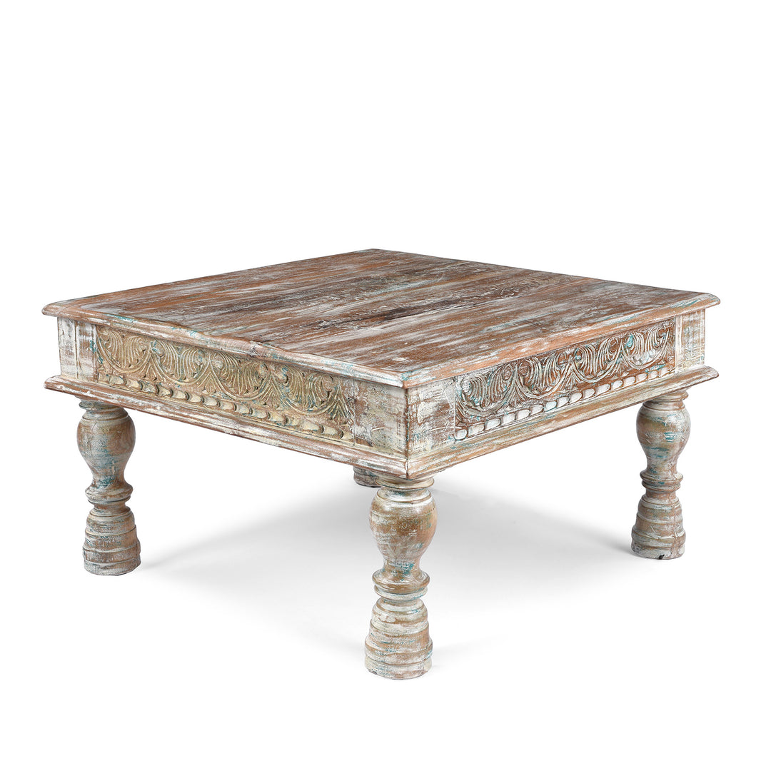 Angled View Of Square Reclaimed Teak Takhat From Rajasthan | Indigo Antiques