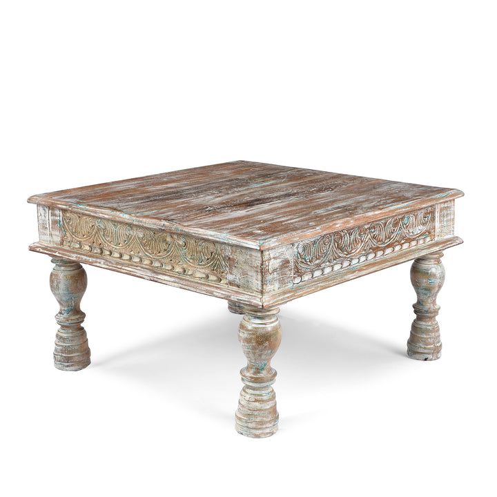 Angled View Of Square Reclaimed Teak Takhat From Rajasthan | Indigo Antiques