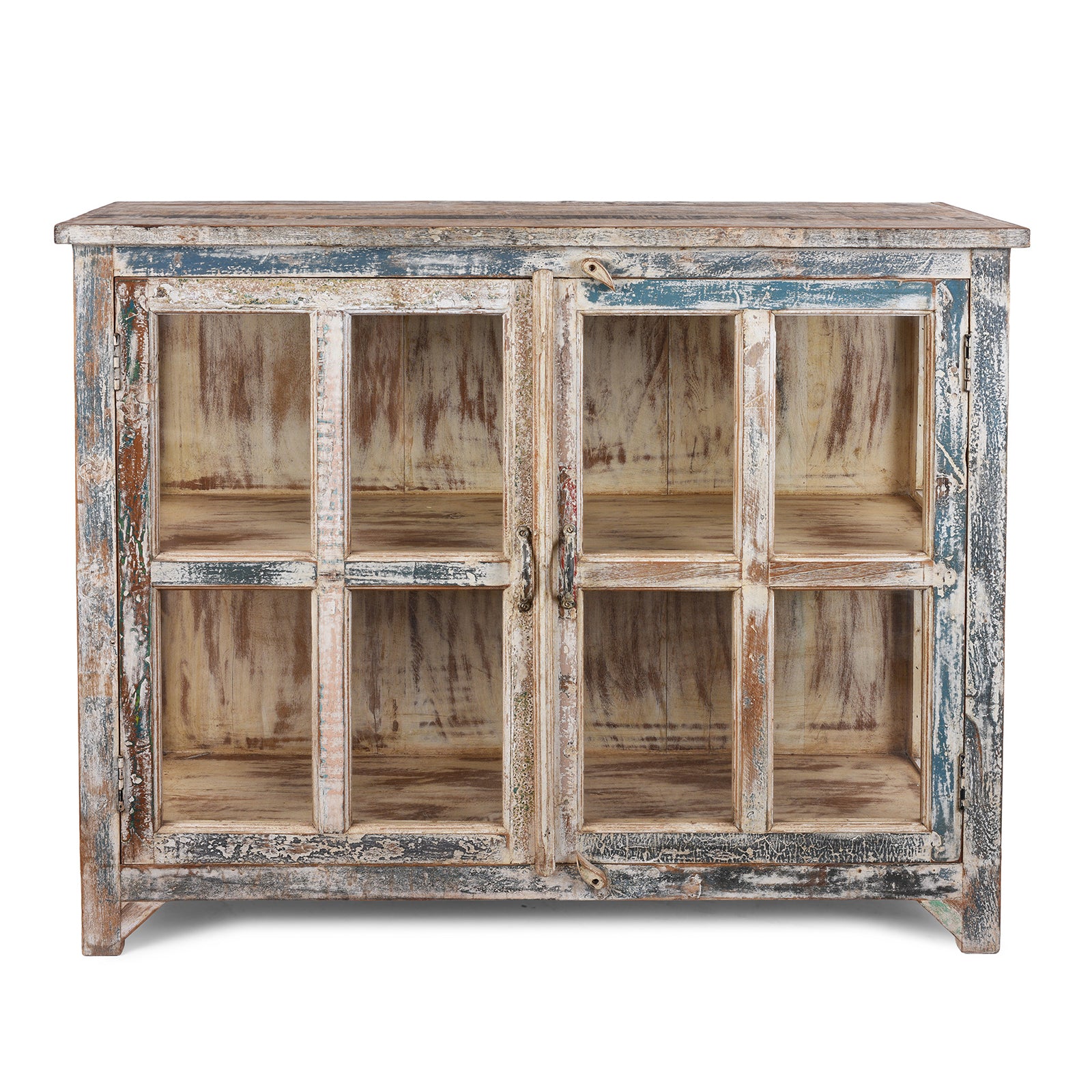 Glazed Display Cabinet With Distressed Finish, Reclaimed South Indian Teak, Two Doors, And Painted Interior With Shelf