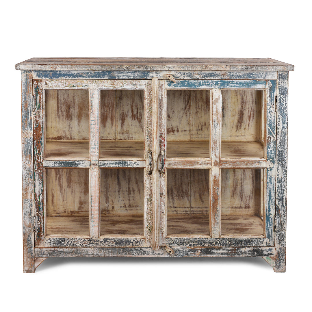 Glazed Display Cabinet With Distressed Finish, Reclaimed South Indian Teak, Two Doors, And Painted Interior With Shelf