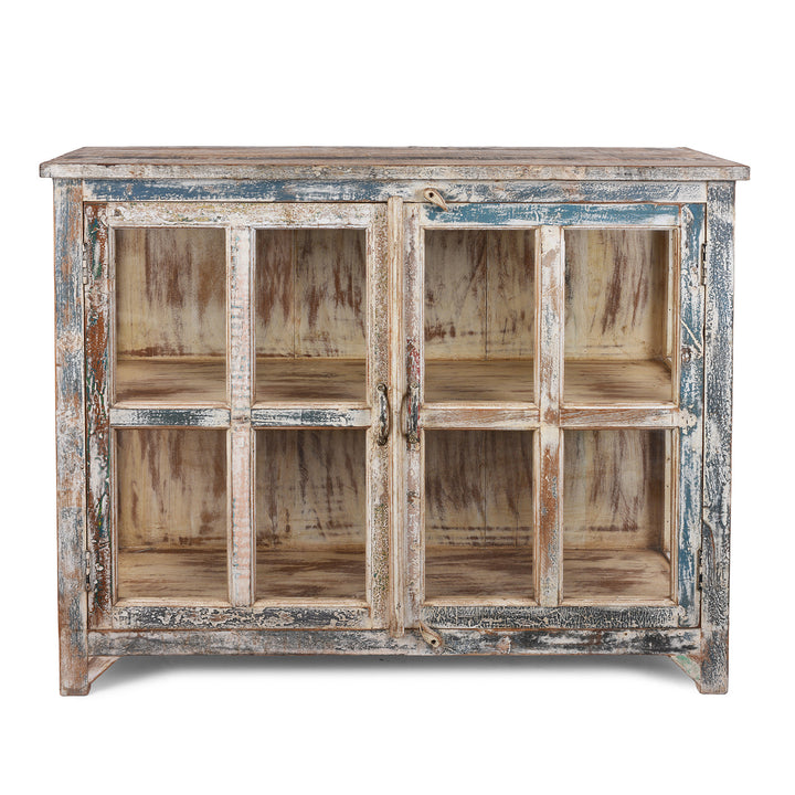 Glazed Display Cabinet With Distressed Finish, Reclaimed South Indian Teak, Two Doors, And Painted Interior With Shelf