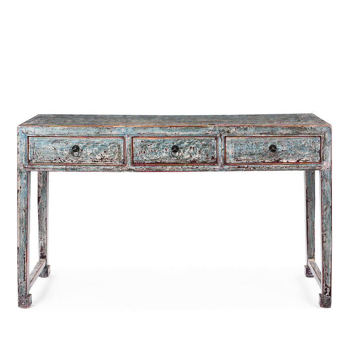 Reproduction Chinese Turquoise Lacquer 3 Drawer Console Table | Indigo Antiques