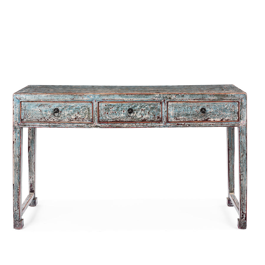 Reproduction Chinese Turquoise Lacquer 3 Drawer Console Table | Indigo ...
