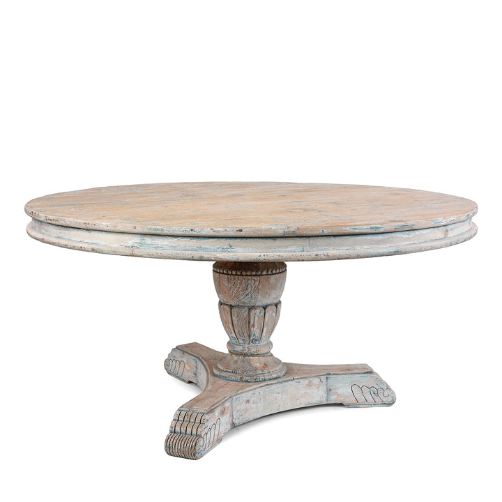 Round Pedestal Dining Table In Light Blue Distressed Finish Made From Painted Pine Reclaimed From Historic Chinese Buildings