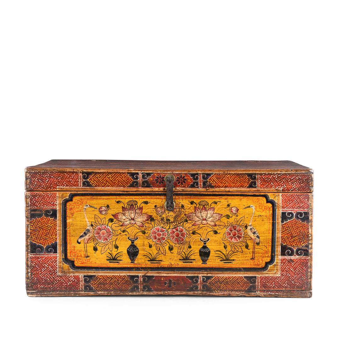 Option 2 Antique Gansu Chest With Mongolian Painted Floral And Bird Motifs