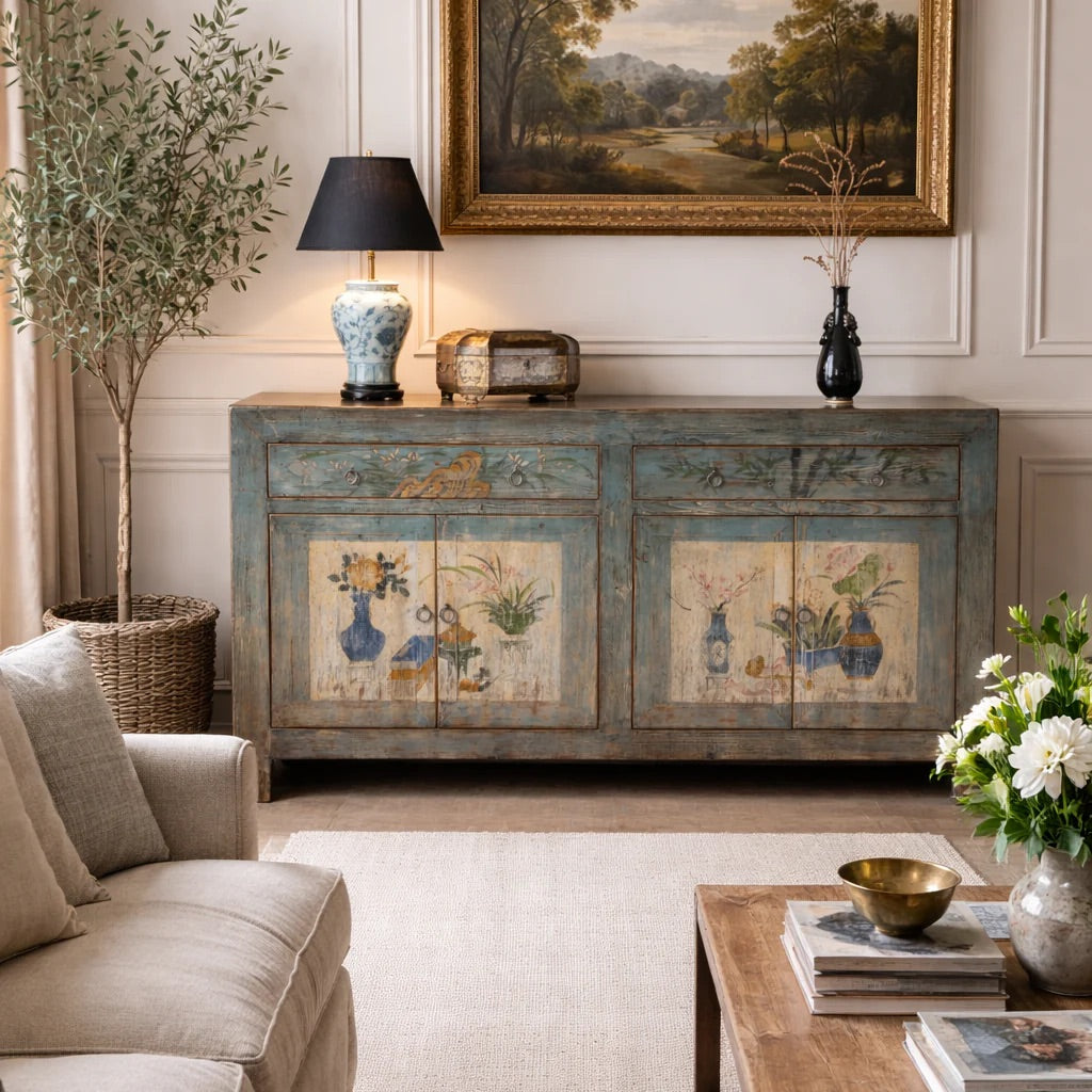 A Vintage Blue Painted Sideboard From Shanxi in a Modern Interior