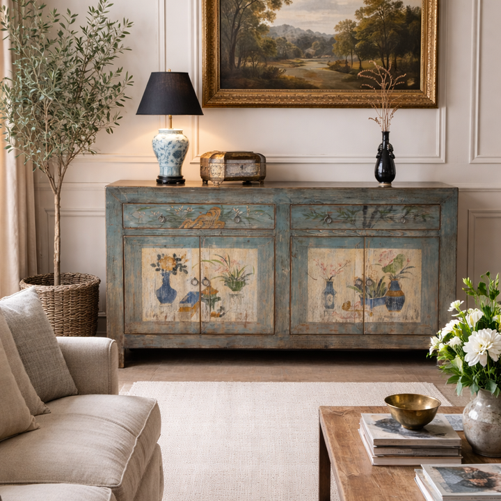 Lifestyle Of Blue Painted Vintage Shanxi Sideboard With Hand Painted Floral Vase Panels