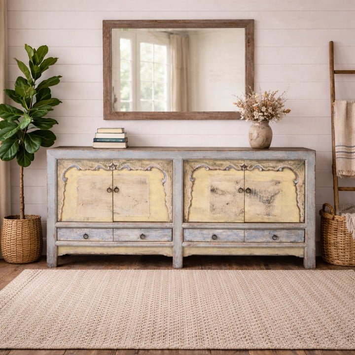 Early 20th Century Painted Sideboard From Qinghai Province China With Blue Frame And Soft Yellow Landscape Doors And Drawers