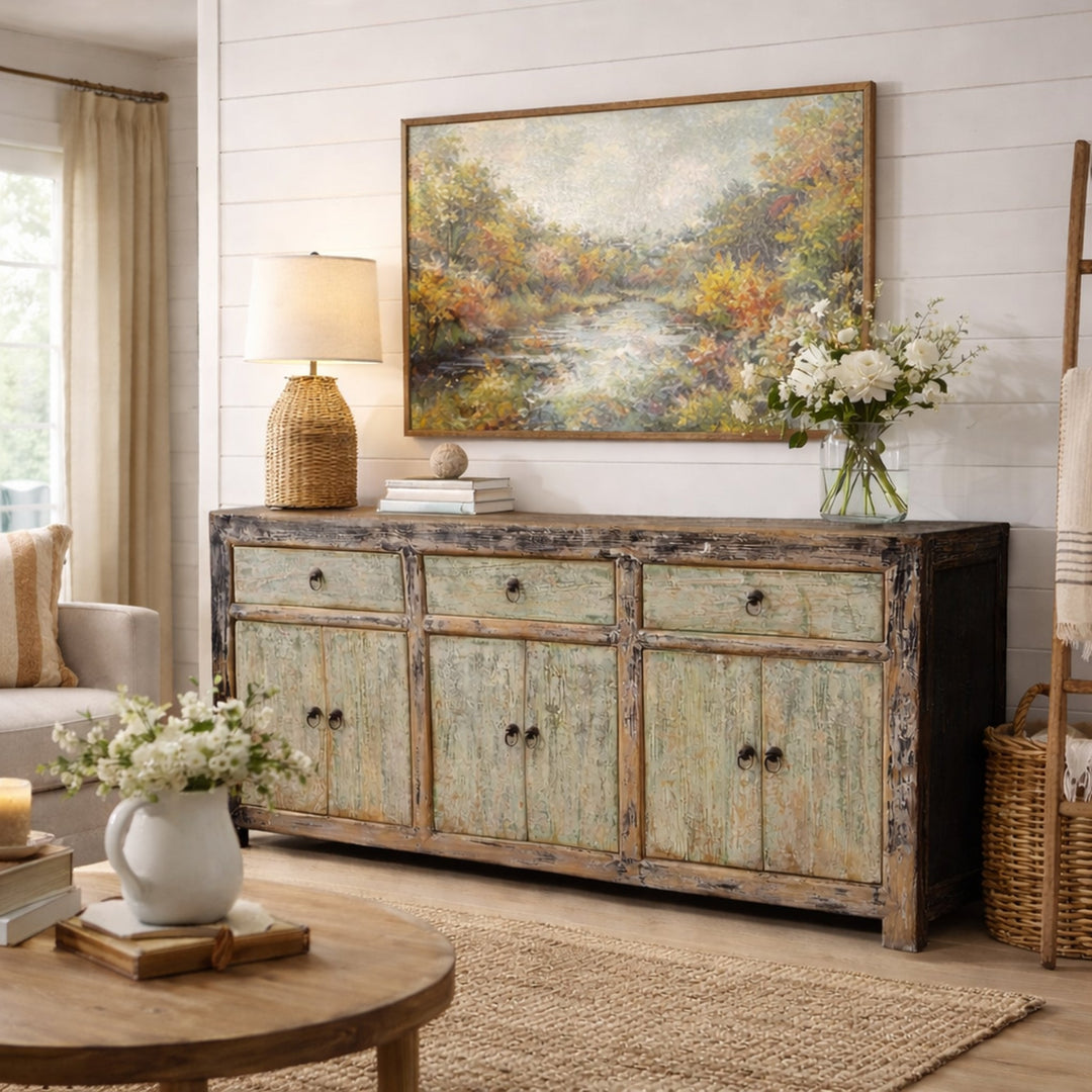 Chinese Reclaimed Pine Sideboard With Distressed Green And Black Painted Finish And Three Doors | Indigo 