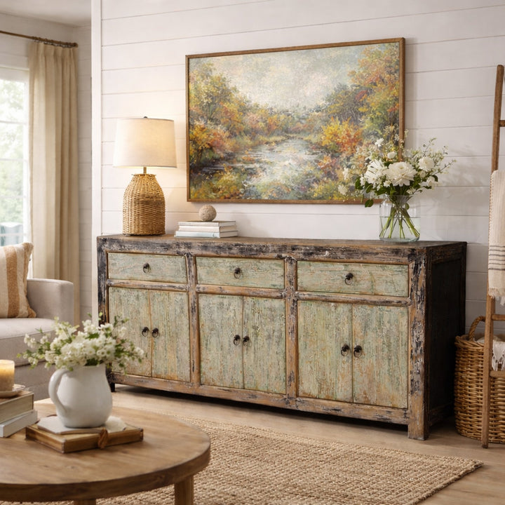 Chinese Reclaimed Pine Sideboard With Distressed Green And Black Painted Finish And Three Doors | Indigo 