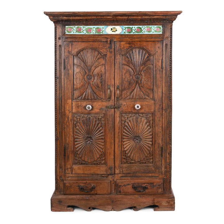 19th Century Teak Almirah Cabinet from Gujarat €“ Hand-Carved Panels with Sunburst Motifs and Original Peranakan Ceramic Tiles